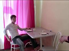 Russian mature whore Tanya with boy on the table