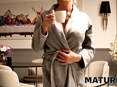 Mature blonde cougar with big boobs and blonde hair takes a hardcore pounding in French 4K video