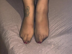 Feet in Pantyhose and Red Nail Polish for a Super Cumshot
