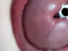 Sounding with a load of cum close-up through a penis plug