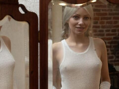 Beautiful blonde Vasya Sylvia likes touching her shaved pussy