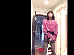 Asian Ladyboy jerking her man sausage displaying it to a woman
