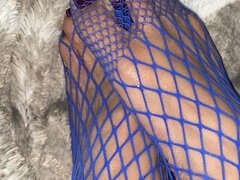 Purple Fishnet on Asian with Tiny Feet and Long Toes