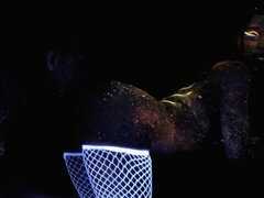 Kinky brunette in fishnets gets oiled up and fucked in the ass