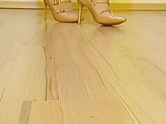 Crossdresser Walks in Sexy Nude Pointed Toe Strappy High Heels
