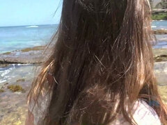 해변, 비키니, 흑갈색 머리, 여자친구, 유리들, 야외의, 보지, 스모킹