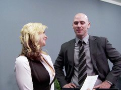 A blonde gets her bra buddies and additionally pussy licked in the office by her boos