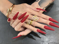 Red Matte Color Long Nails, Palms and Long Fingers Wide