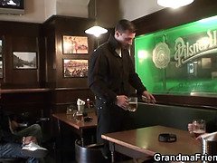 Two dudes pick up big tits blonde grandma