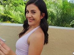 Cock craving brunette with small cans pleasuring Tony outdoors