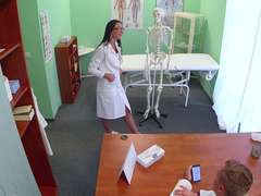 Naughty hot brunette trainee gets trained by the doctor and gets pussy nailed