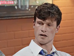 Busty tranny fucked in the office in the ass in a threesome