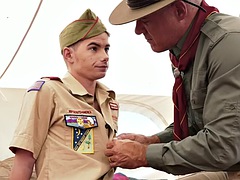 Young scout in a jockstrap fucked bareback by an old man in a tent