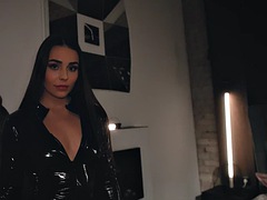 Fucking latex covered babe Milan Cheek in POV foot fetish session