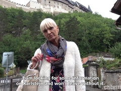 Tour Guide from Karlstejn - busty blonde Czech mature mom with saggy tits gets cum on tits outside
