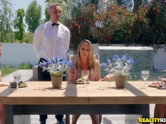 Clothed dude gives naked blonde a hard fuck in the kitchen