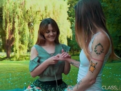 Skinny european lesbian girl fucks with girlfriend in the park