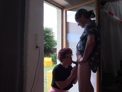 Amatorka, Obciąganie, Okulary, Dojrzałe, Na wolnym powietrzu, Rudowłosa