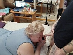 Step-mom ignores me playing with myself, ends up with cum on her head