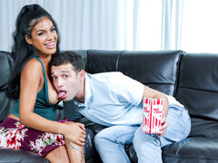 Maya Farrell blows and rides her stepbrother on leather couch