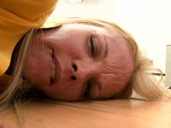 Blonde with silicone in her boobs lifts up her shirt and starts humping