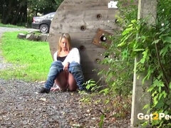 Deperate pregnant girl caught peeing in public and almost busted