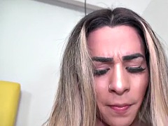 Latin tranny with big tits toys her tight ass and jerks off his cock