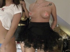 Girl gets wedgie, upskirt without panties at a Halloween party