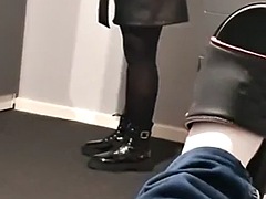 Stepmom in a leather skirt almost caught her stepson masturbating in her bed