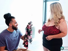 Watch Cj Woods, the busty blonde MILF, beg for a huge dick between her massive tits