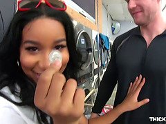 Jenna J. Foxx's petite ebony booty pounded in public by a thick dude in a laundromat