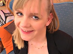 Horny teen masturbates before riding