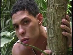 Andre Mello and Rafael Lucio are having sex in the jungle, while Ramon Mendez strokes his big cock a few meters away, until invited to join.