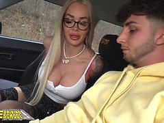 Hot Blonde busty MILF in glasses takes college age teen dude on a very special driving test which ends with him deep inside her pussy and cumming into