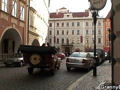 Old granny in stockings rides stranger