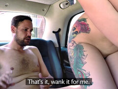 Red Dress Cabbie gives a wild deepthroat blowjob in the cab with glasses on