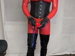 Red Latex Catsuit, Blonde in Overknees, Dressing and Readying for Session, Gagged, Cuffed