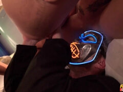 Masked dude bangs three horny bitches in the hostel room