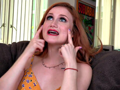 POV BJ redhead chick with glasses eats hard cock