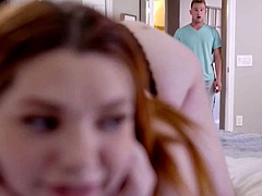 Busty redhead Annabel Redd rides her roommates big cock