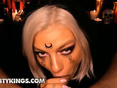 Watch this horny chick get her face splattered with cum after getting all her teasing needs fulfilled - Reality Kings