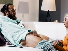 Kenzie Reeves and Rachael Cavalli pleasuring bearded man on the couch