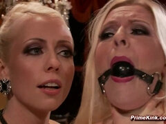 Slim tied blonde gang banged in public