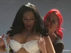 Hot & mean redhead lesbian fucks her busty brunette customer