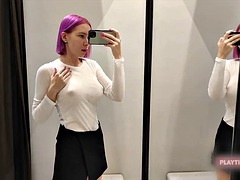 Hot mom tries on many panties in the fitting room for the first time