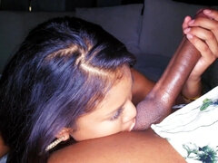 Black hussy Nia Nacci sucks giant cock and licks balls before fucking