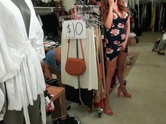 Bald-headed stallion fucks bosomed latina in the clothing store