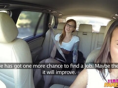 Horny lesbians lick pussy in taxi