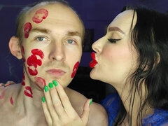 Sticky Juicy Red Lipstick Kisses All Over His Face