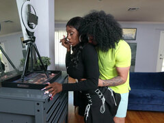 Fake tits Curvy Ebony Mystique deep blowjob and ride cock